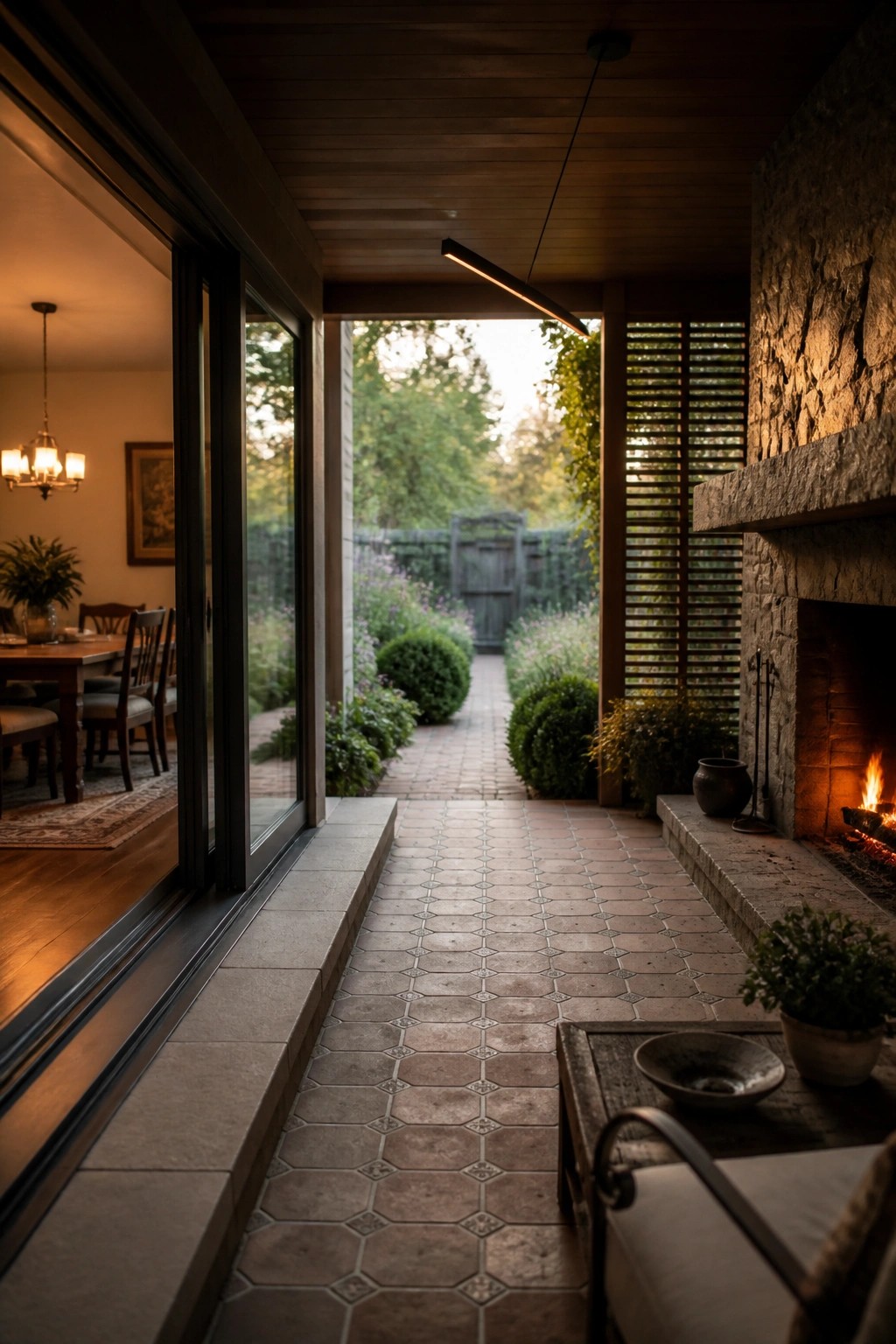 A covered patio with terracotta tile flooring includes a large stone fireplace on the right and opens through sliding glass doors to a garden path.