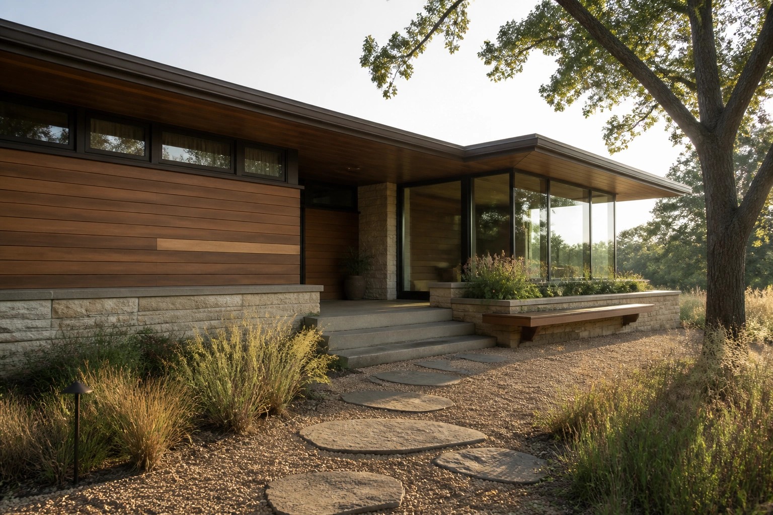 Modern single-story house with horizontal wood siding, stone base, large windows, and a stone pathway leading to the entrance.