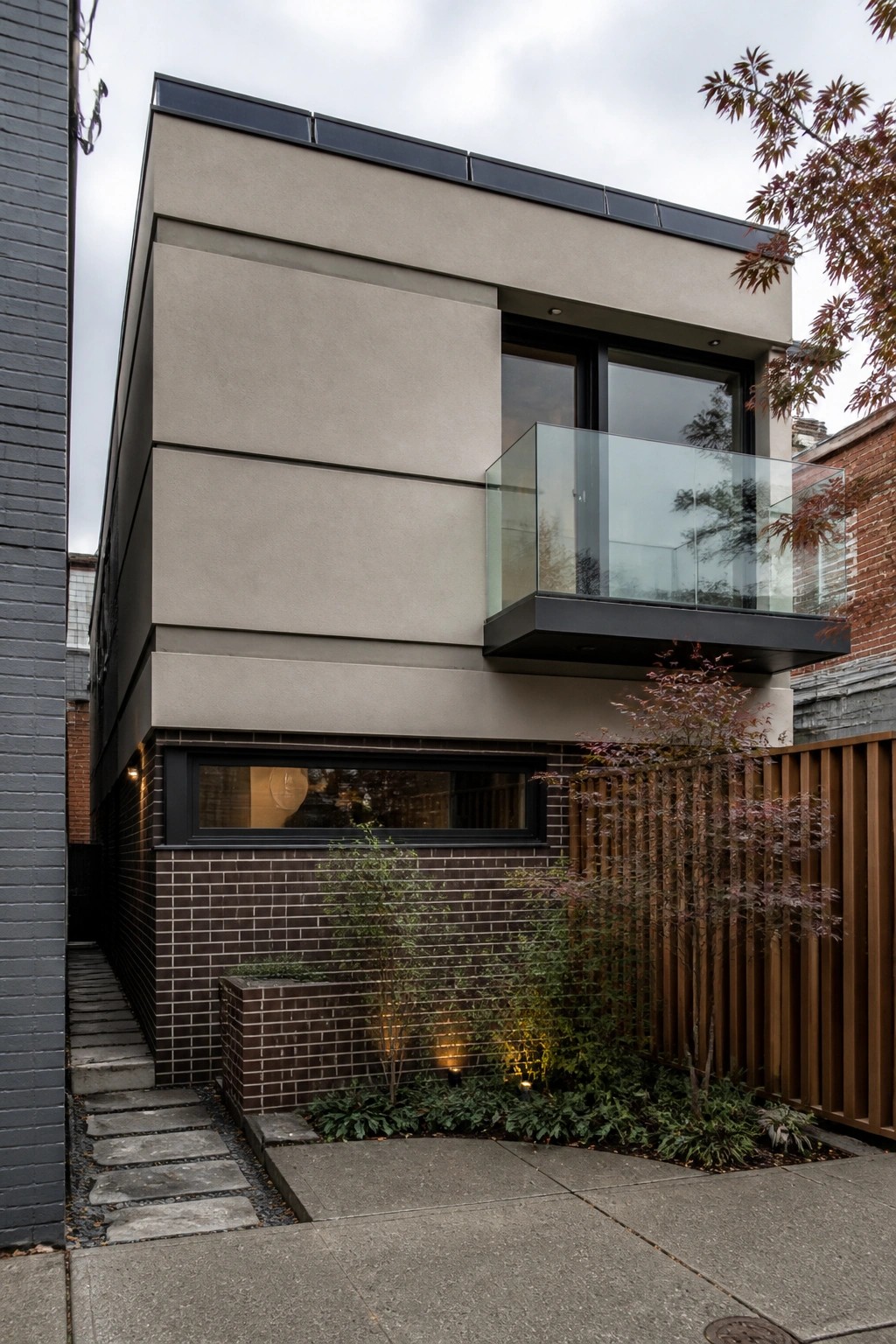 Modern beige building with glass balcony, brick base, and garden pathway.