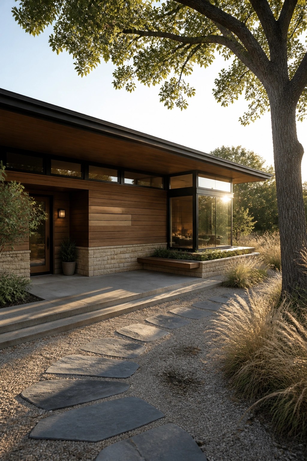 Modern single-story house with horizontal wood siding, stone base, large windows, and a stone pathway leading to the entrance.