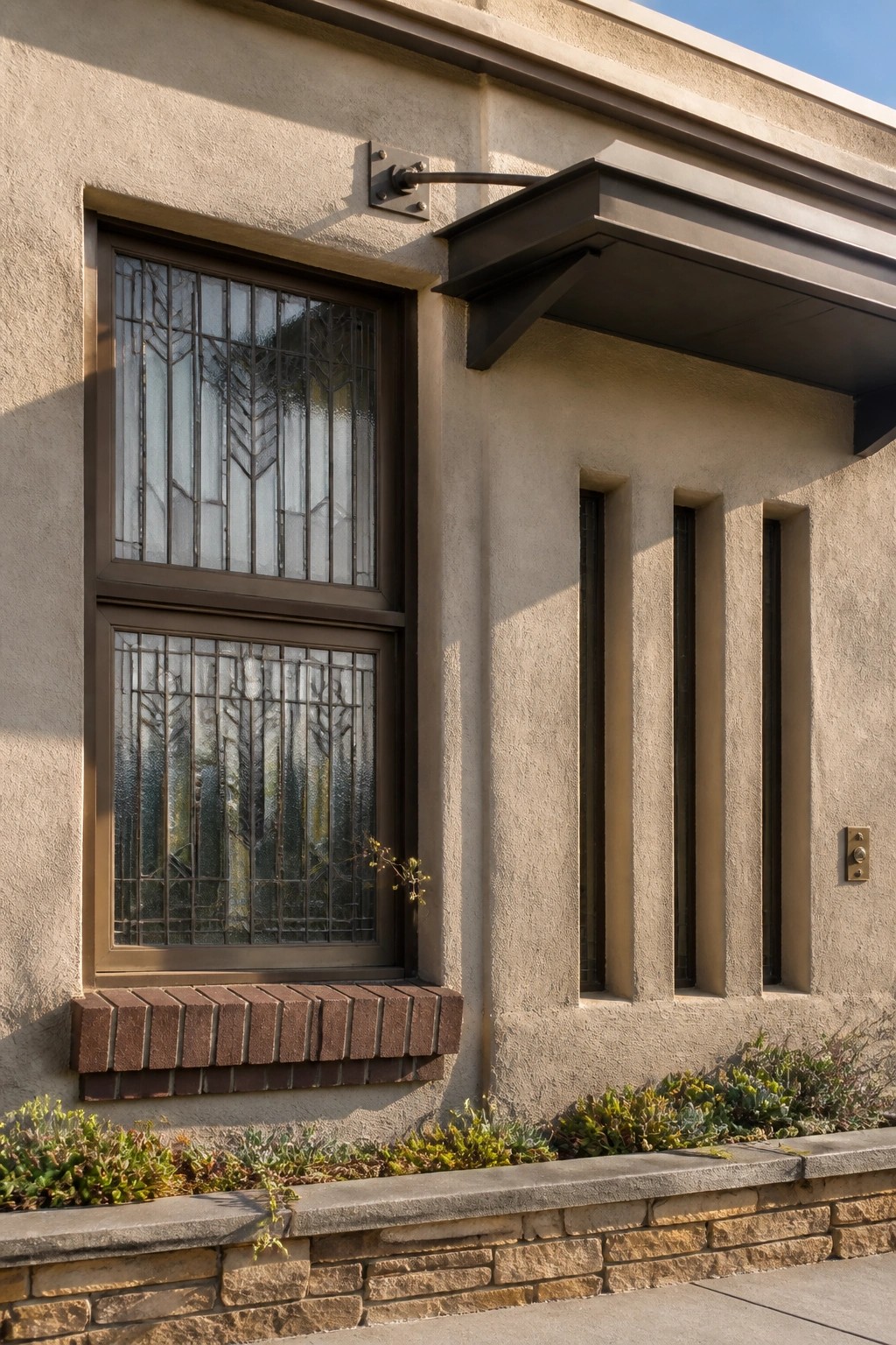 Exterior of a stucco house wall with a large leaded glass window above a brick ledge, three narrow vertical slits to the right, and low landscaping along the base.