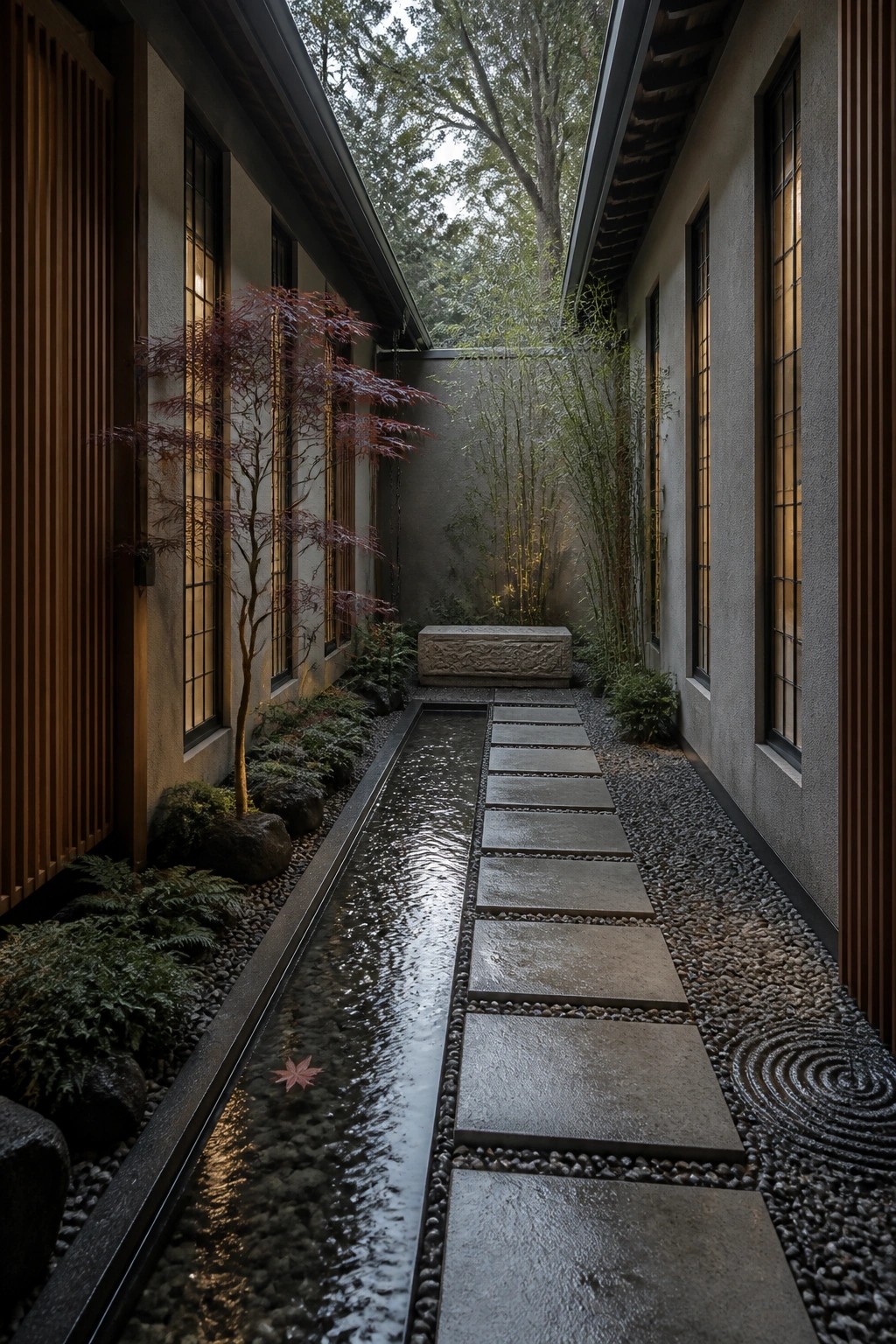 A narrow outdoor passage features a long water channel running parallel to stone stepping stones set in gravel, with plants and building walls on both sides.
