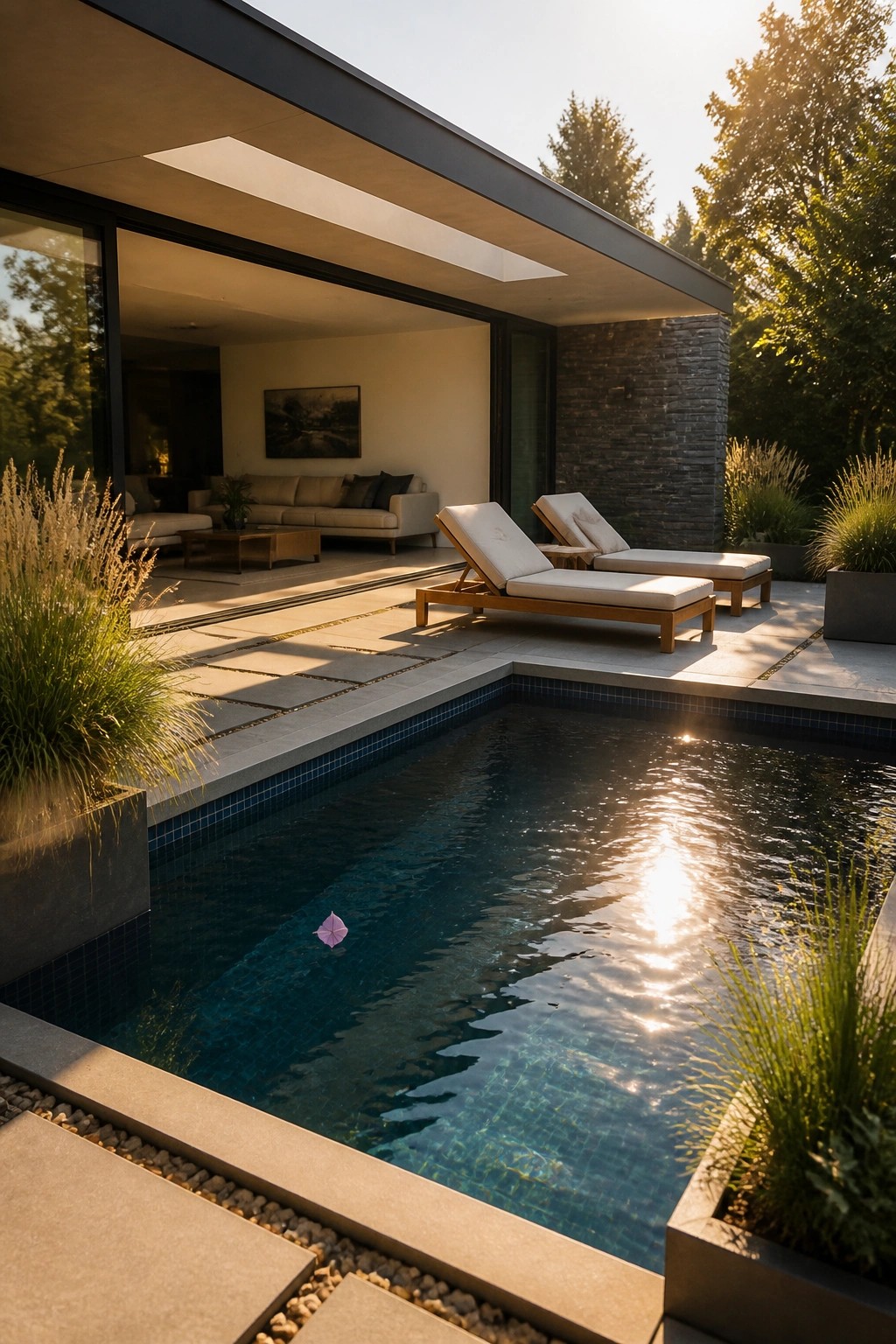 Modern luxury home with pool, two lounge chairs, and sunlit stone patio