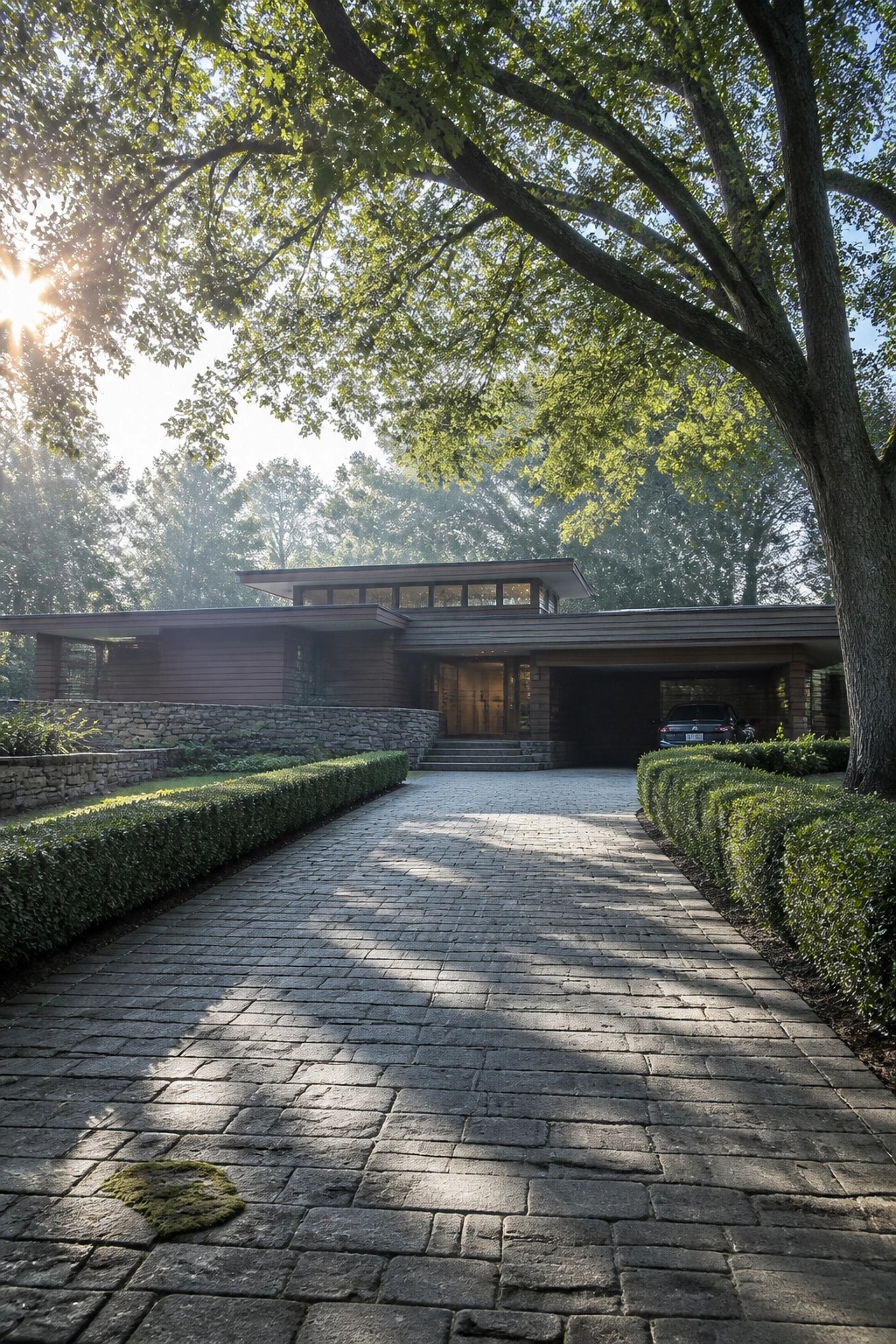 Modern house with carport at end of sunlit cobblestone driveway lined with hedges and trees
