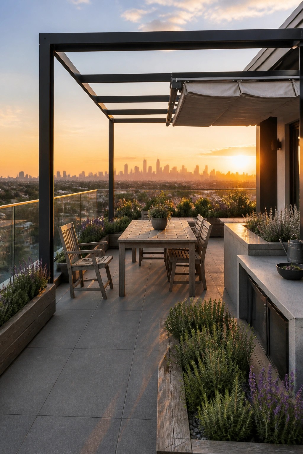 A rooftop terrace with a wooden dining table and chairs beneath a dark metal pergola frame and white retractable awning, surrounded by planters and overlooking a city skyline at sunset.