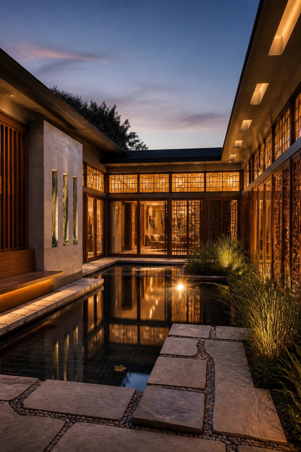 A modern courtyard at dusk features a long rectangular reflecting pool bordered by large stone stepping paths, with the surrounding house lit by warm interior lights and exterior fixtures.