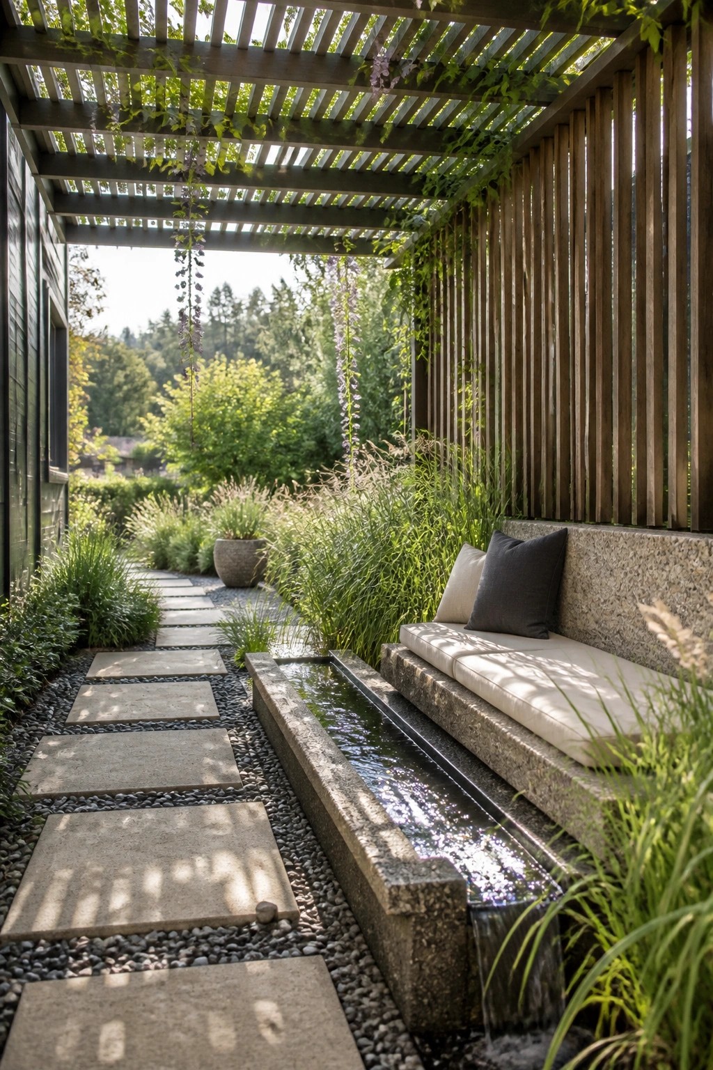 A covered outdoor area with a long stone bench next to a narrow flowing water channel, a wooden pergola overhead, and a gravel path with stepping stones.