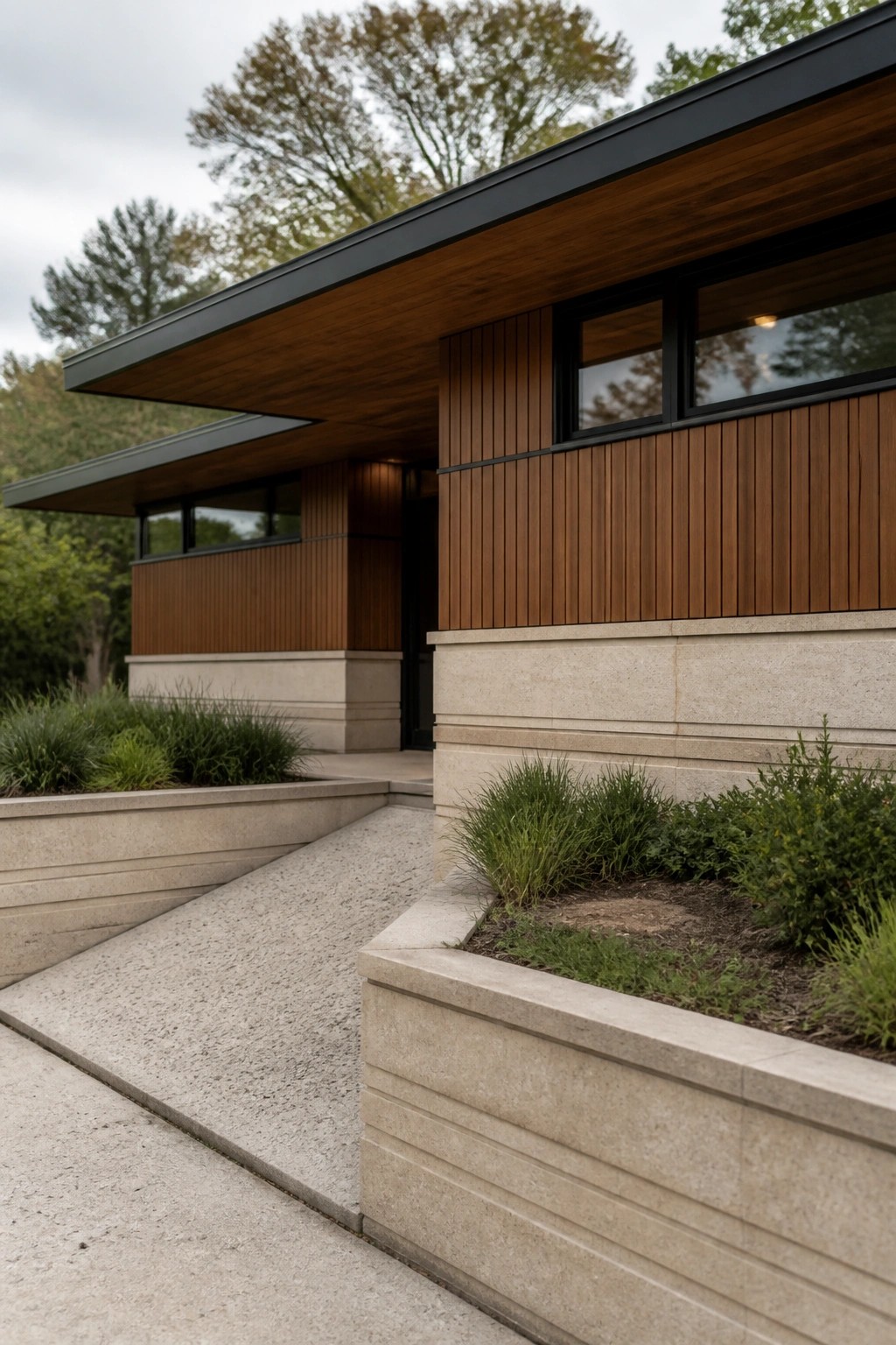 Modern house exterior showing horizontal wood siding above a light stone base with integrated concrete planters holding grasses and shrubs beside a gravel path.