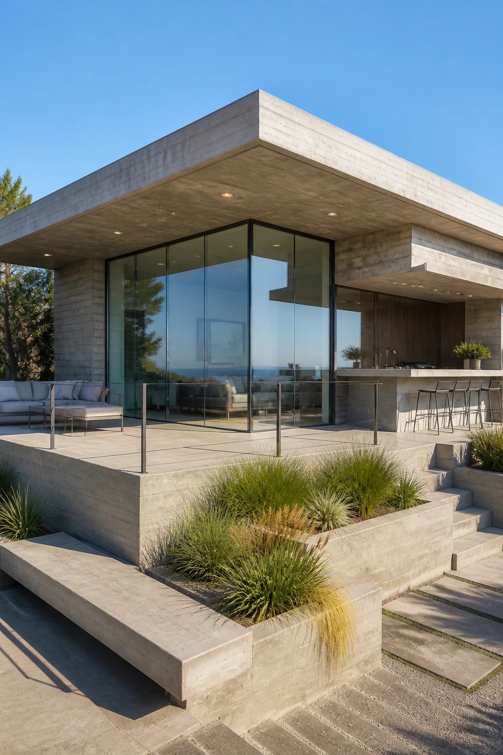 Modern concrete home with large glass windows, outdoor patio, bar, and stairs.