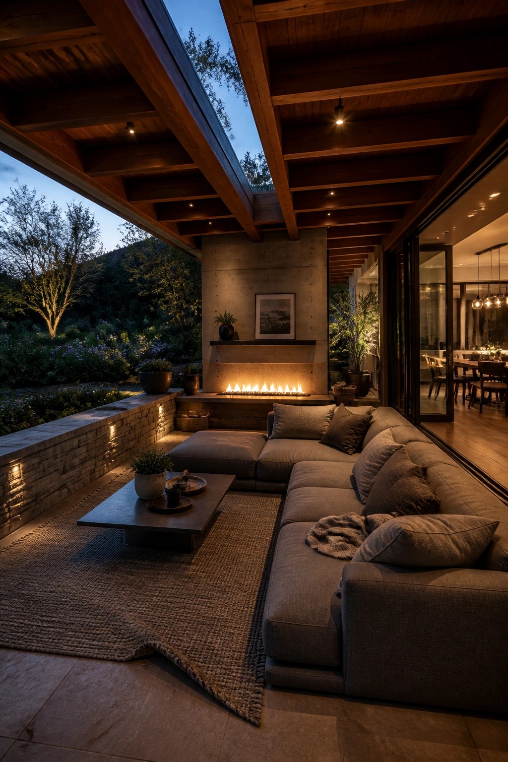A large gray sectional sofa is arranged on a woven rug facing a linear fireplace set into a concrete wall beneath heavy wooden ceiling beams in an open-air covered space.