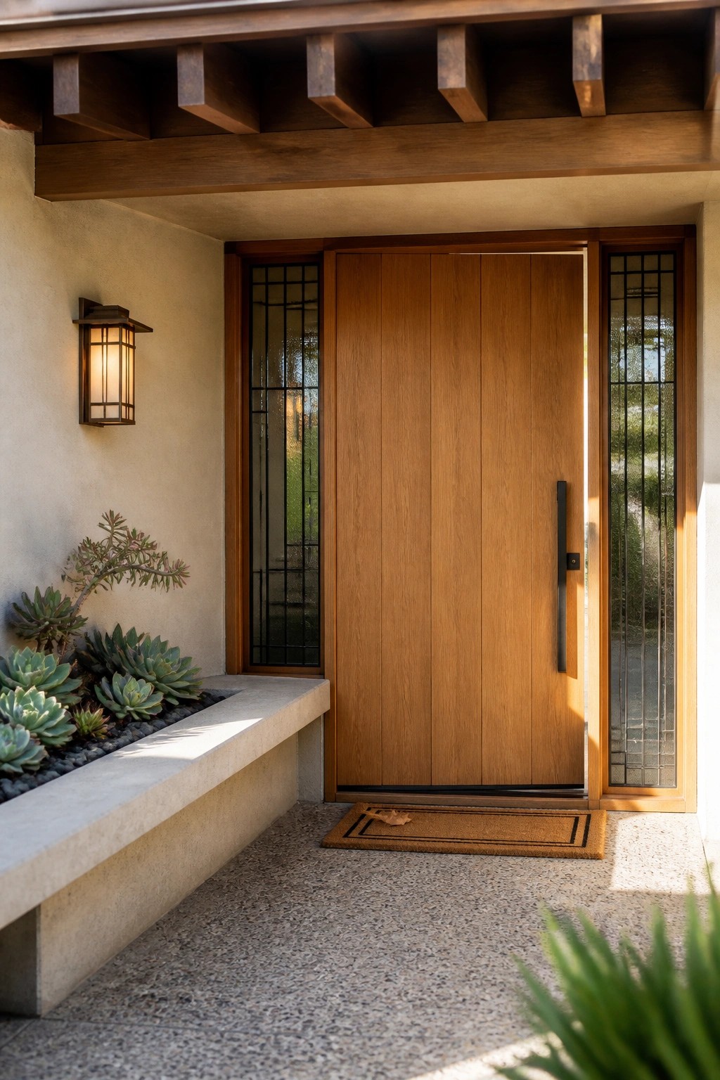 A front entry with a tall vertical wood door, long black handle, grid-patterned glass sidelights on both sides, wooden overhang above, and a concrete bench with succulents to the left.
