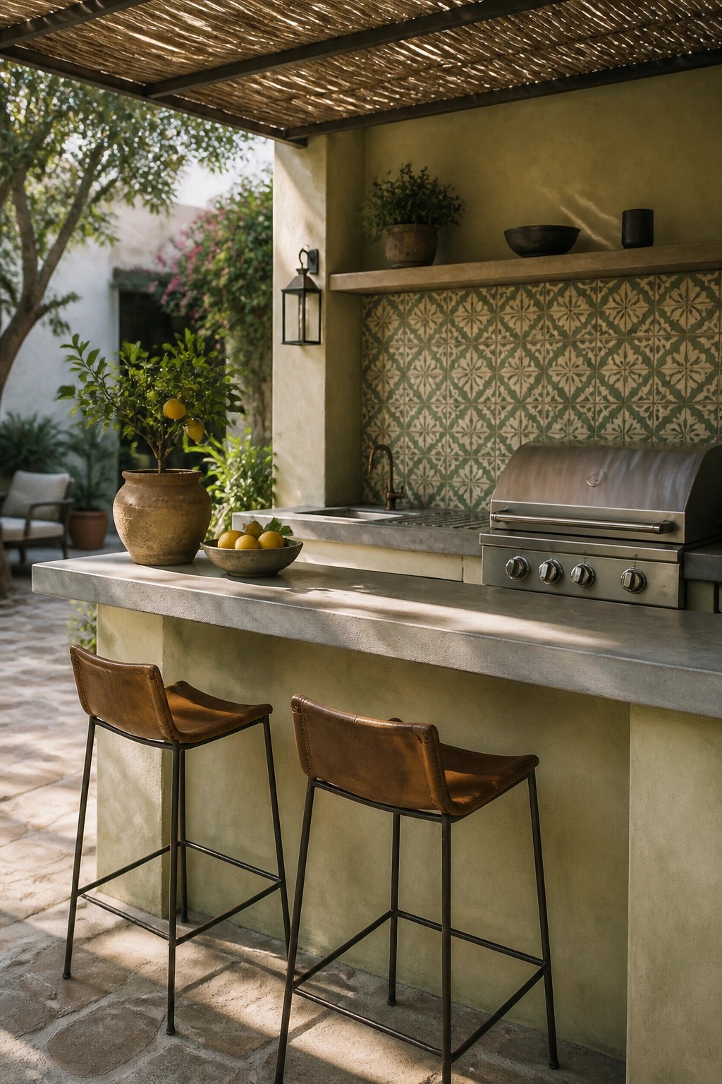 An outdoor kitchen bar with two leather stools, a stainless steel grill, and a green patterned tile backsplash under a thatched roof overhang.