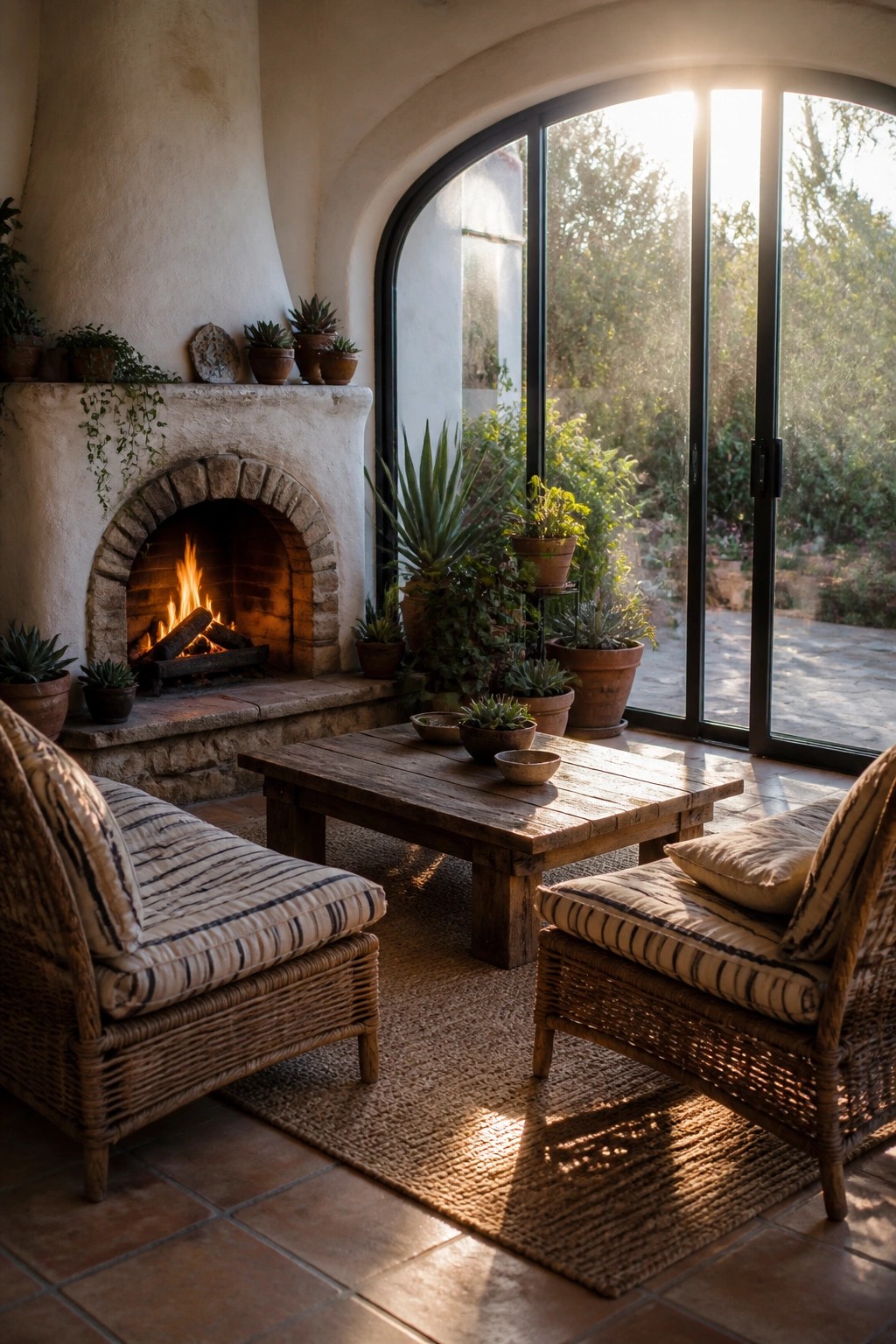 Covered patio with a lit stone fireplace, two wicker chairs on a woven rug, a wooden coffee table, and large arched glass doors opening to a garden.