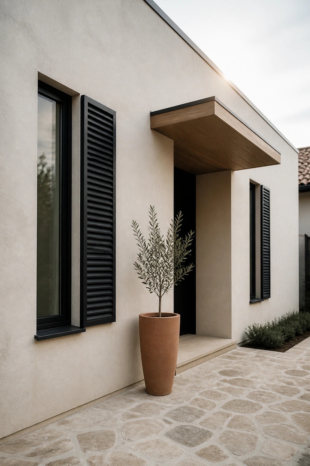Modern house exterior with light stucco walls, black-framed windows and louvered shutters, a flat wooden canopy over a dark entry door, and a tall terracotta pot holding an olive tree beside the stone walkway.