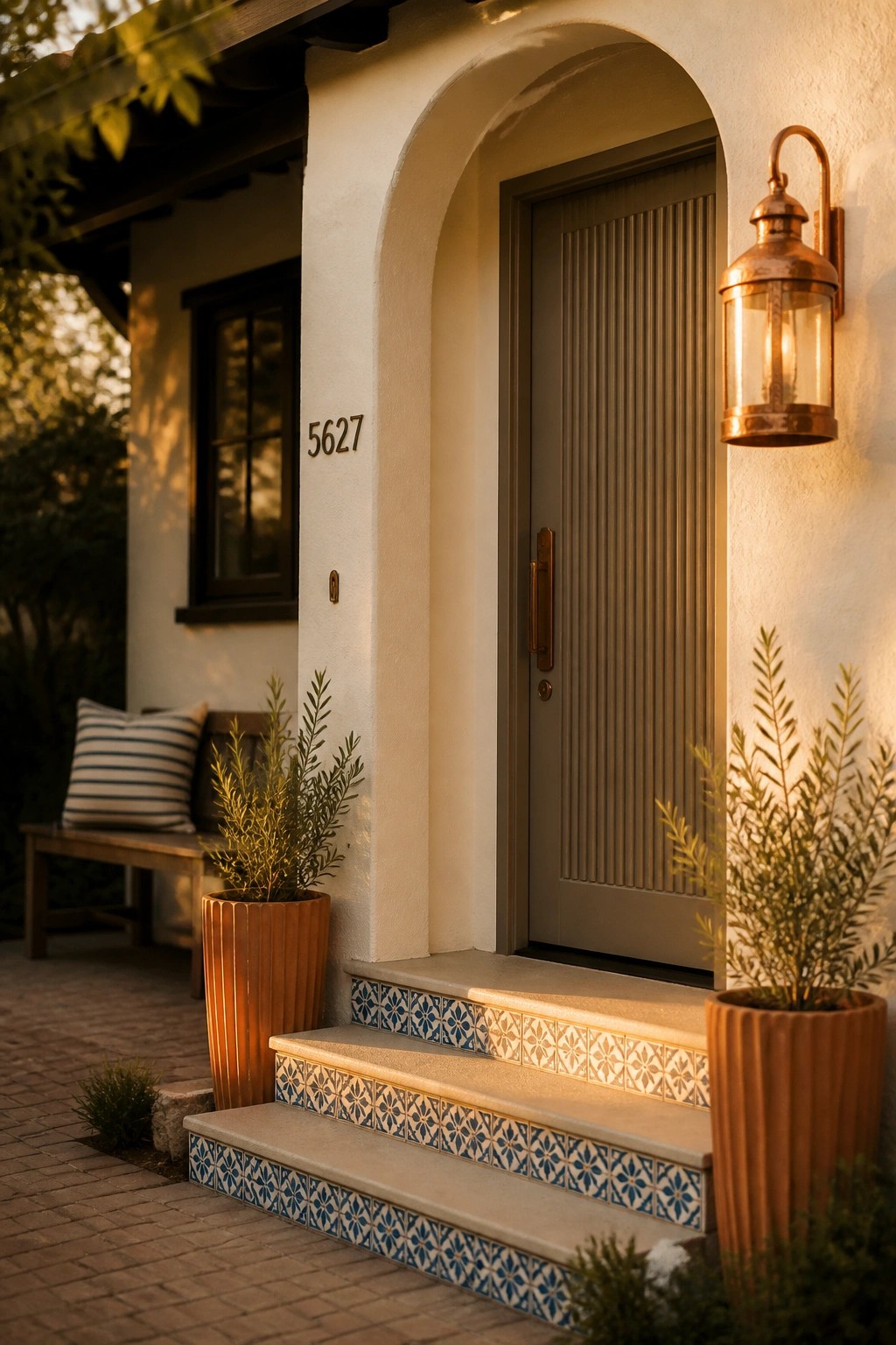 A house entrance featuring an arched doorway, a gray paneled door, blue and white patterned tile on the steps, and a copper lantern on the wall.