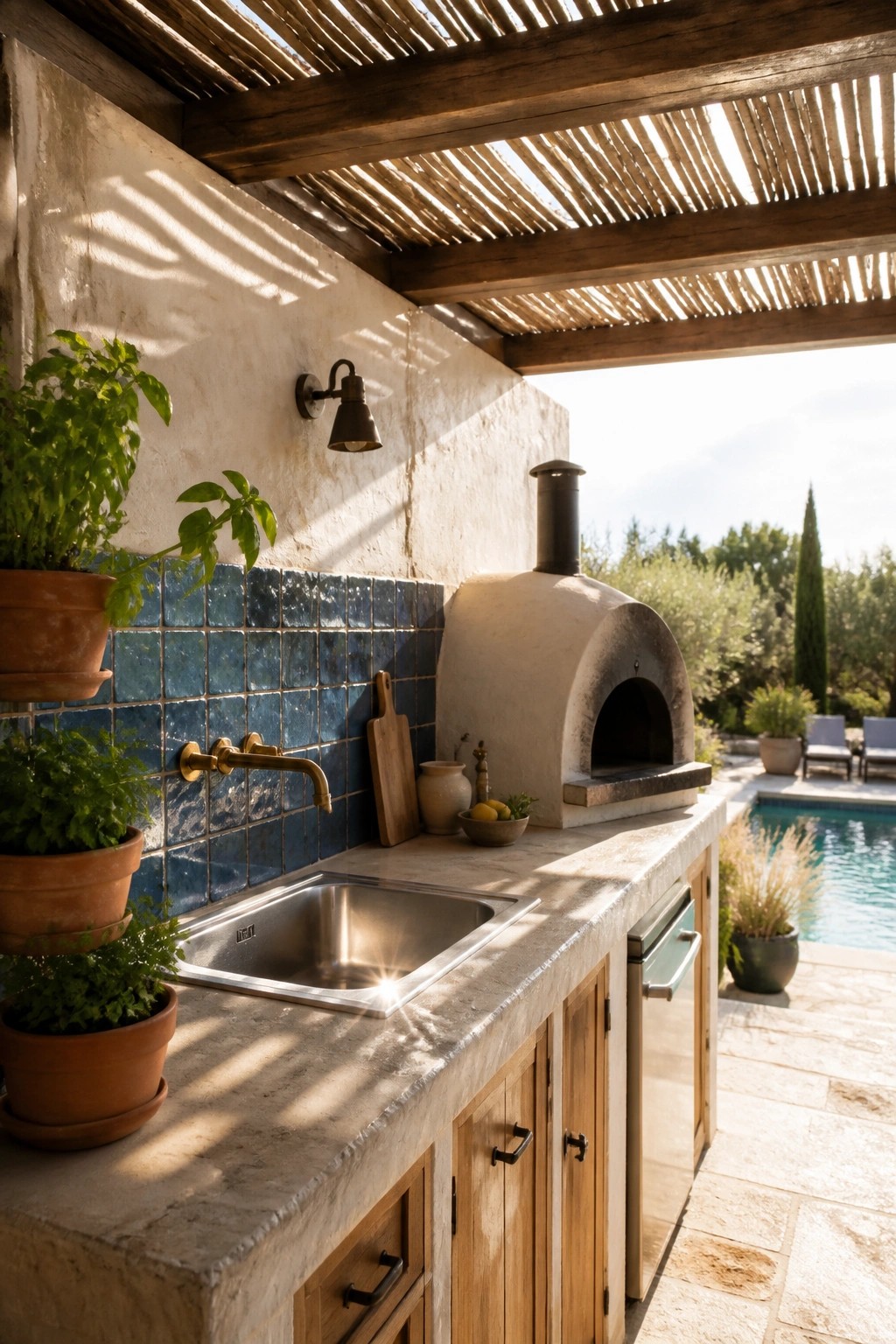 An outdoor kitchen on a stone patio with a stainless steel sink, wooden cabinets, a white pizza oven, blue tile backsplash, potted herbs, and a pool visible in the background.