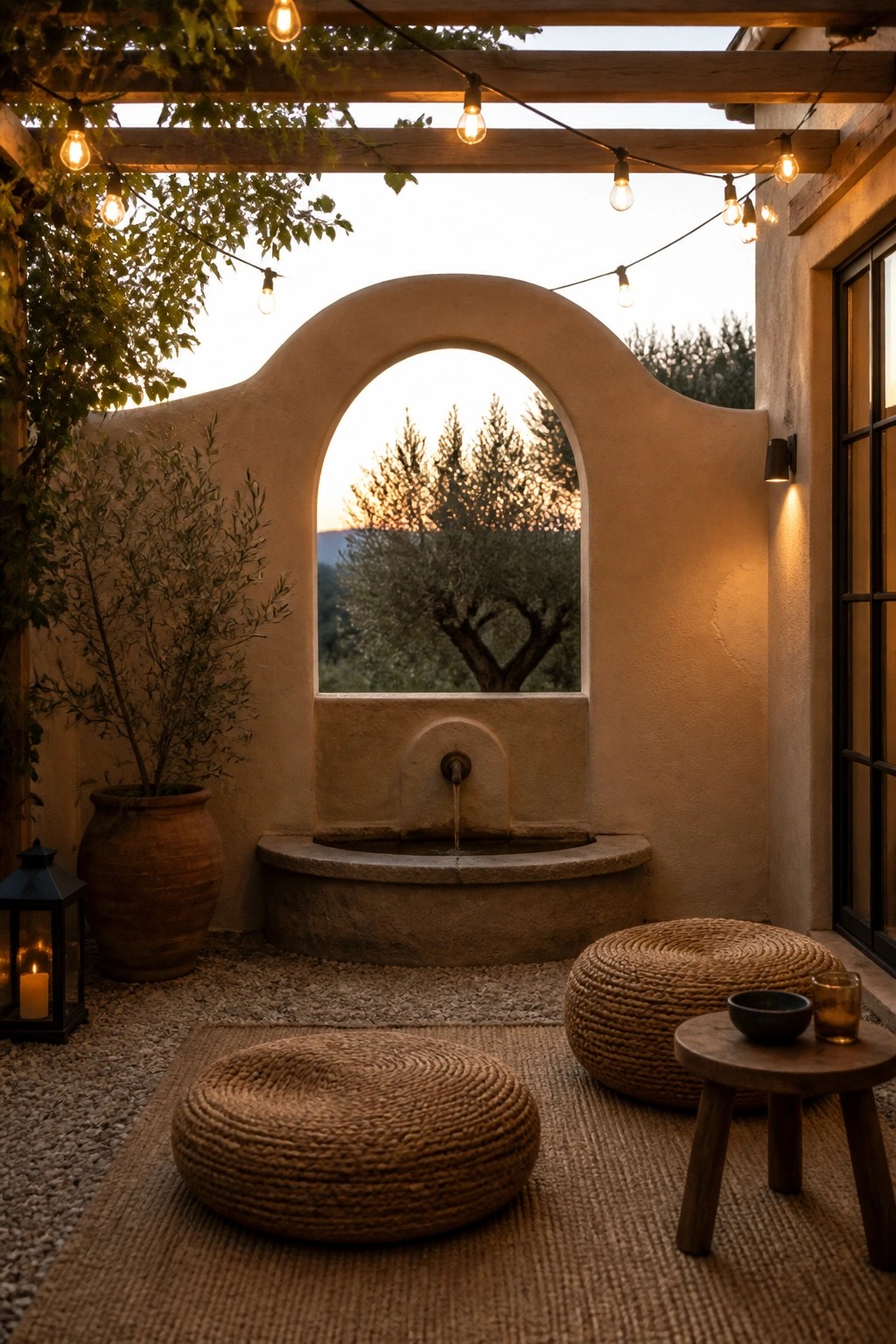 A Mediterranean courtyard patio features a curved stone fountain set in an arched wall niche, two woven seating poufs on a jute rug, a small wooden side table, string lights overhead, and a large terracotta pot with greenery.