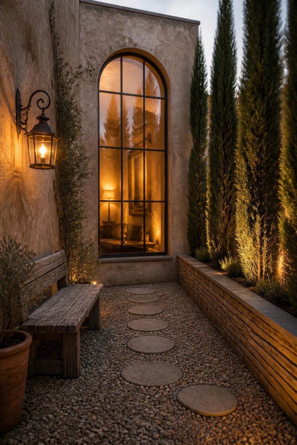 Cozy courtyard path at dusk with lantern, bench, stepping stones, and glowing arched window.