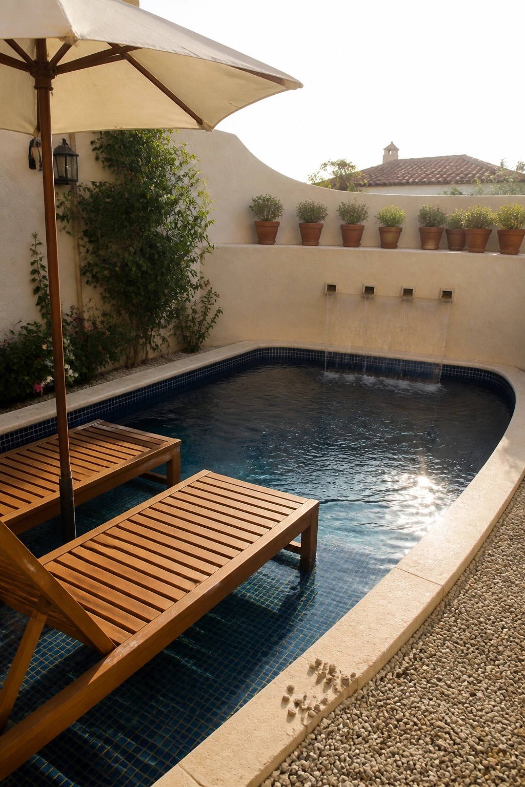 A small rectangular pool with four water spouts flowing from a stucco wall, wooden lounge chairs partially over the water, and a row of potted plants along the top ledge.