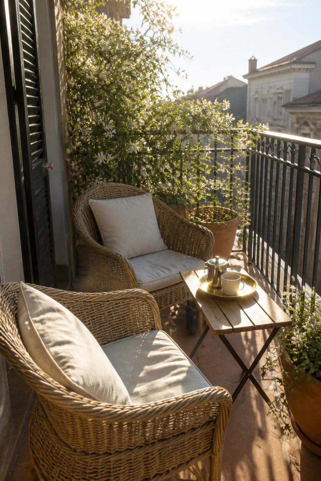 Two wicker armchairs with beige cushions and a small wooden table holding a tray on a sunny balcony with potted plants and climbing vines.