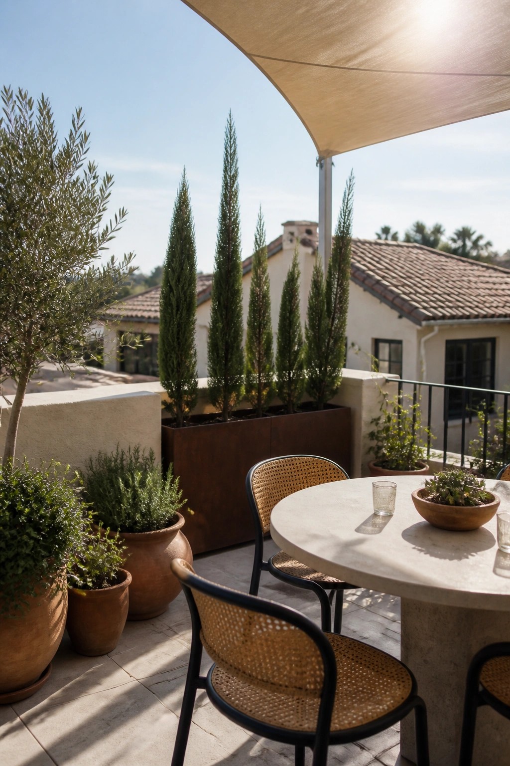 An outdoor patio with a round stone table, woven chairs, potted plants, tall cypress trees in a metal planter, and a beige shade sail overhead.