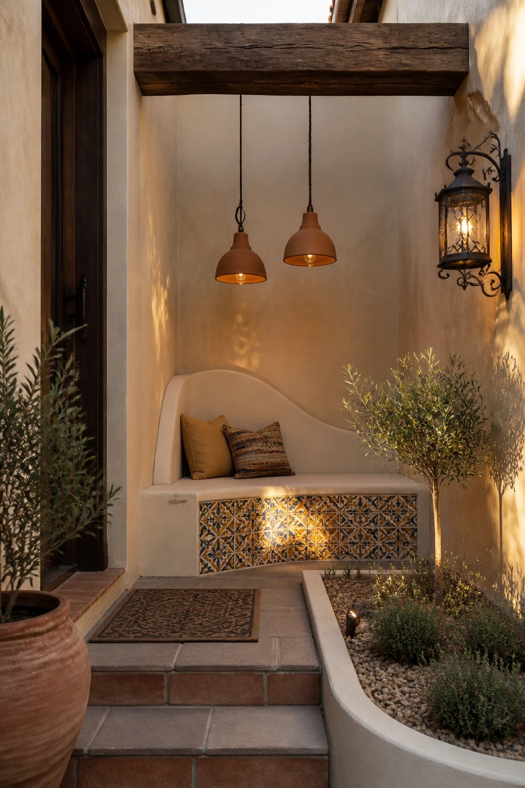 An outdoor alcove featuring a curved built-in bench with a colorful tile base, two hanging pendant lights, a wall lantern, potted plants, and a small tree beside stone steps.