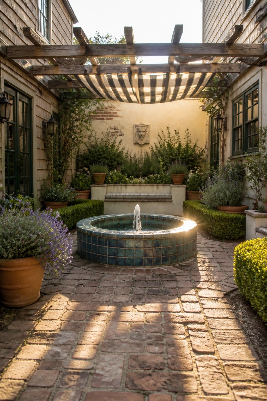 A small round tiled fountain sits at the center of a brick courtyard beneath a wooden pergola with a striped awning, surrounded by potted plants and house walls.
