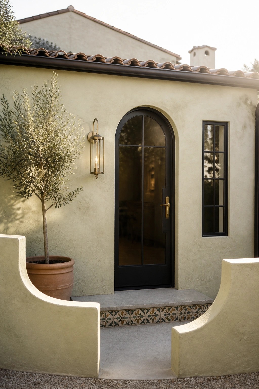 A light stucco house exterior with a black arched door, wall lantern, potted olive tree, and tiled step riser.