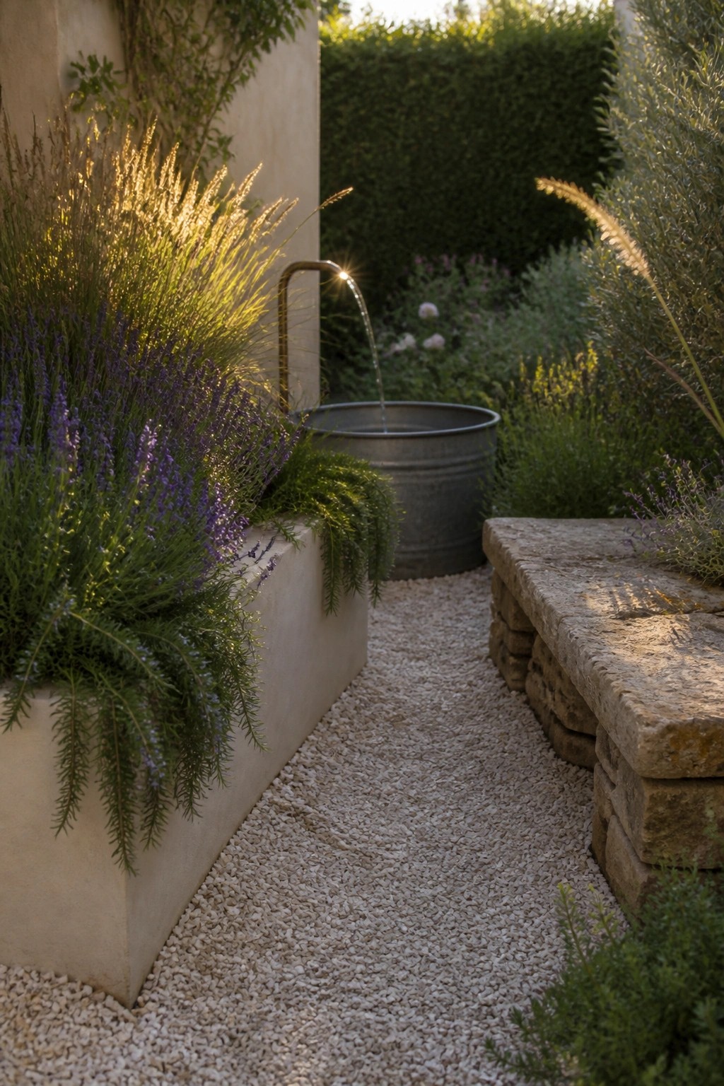 Sunlit garden with lavender planter, flowing water fountain, gravel path, stone bench