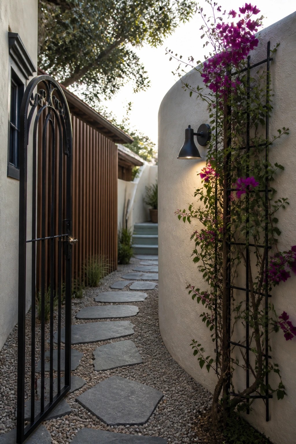 A narrow outdoor path of irregular gray stone pavers set in gravel runs between a black metal gate on the left and a curved white stucco wall on the right, where a bougainvillea climbs a black trellis beside a wall-mounted light.