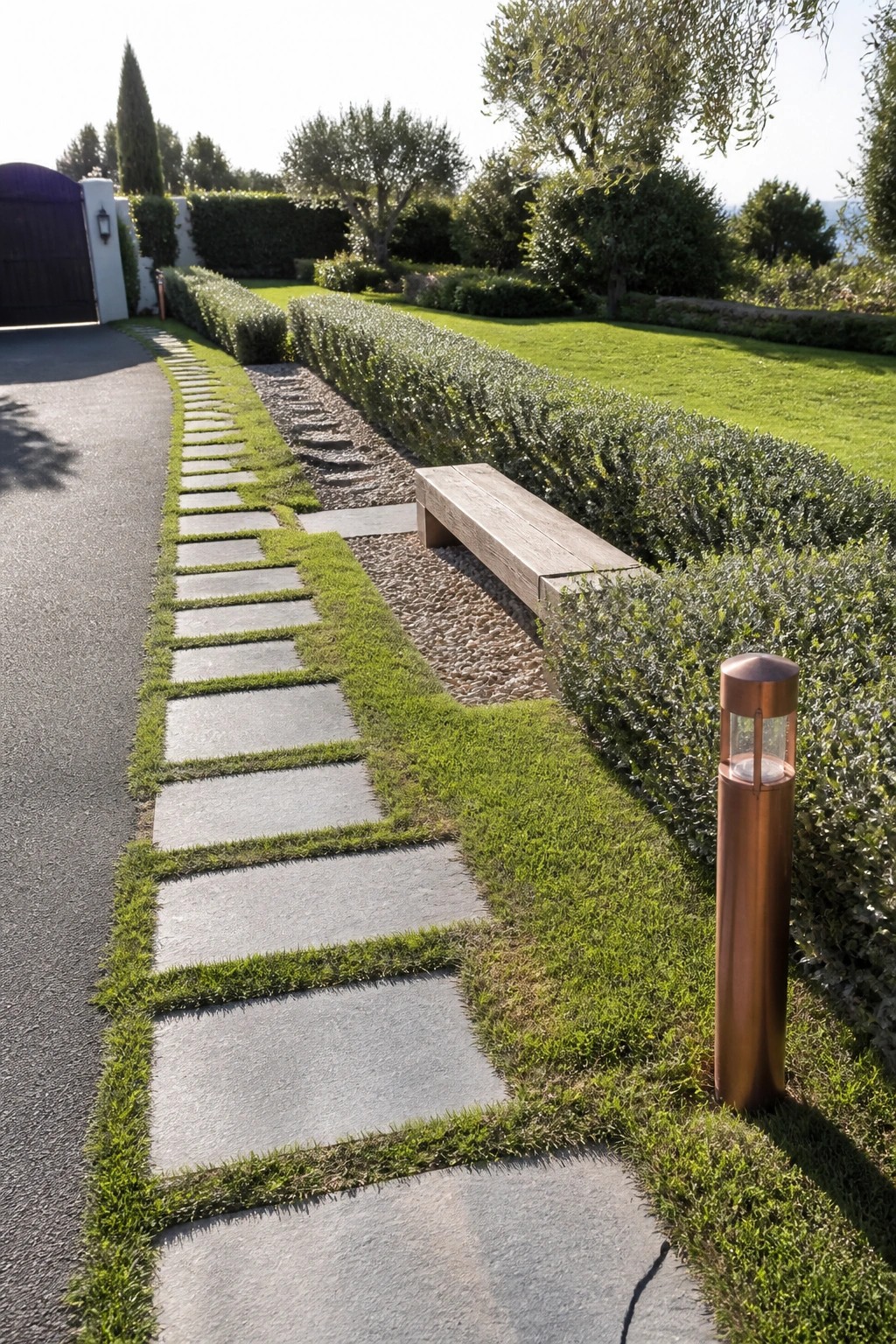 A long garden path of rectangular gray stone pavers set into grass, with a gravel section, wooden bench, and copper lamp post beside a tall hedge.