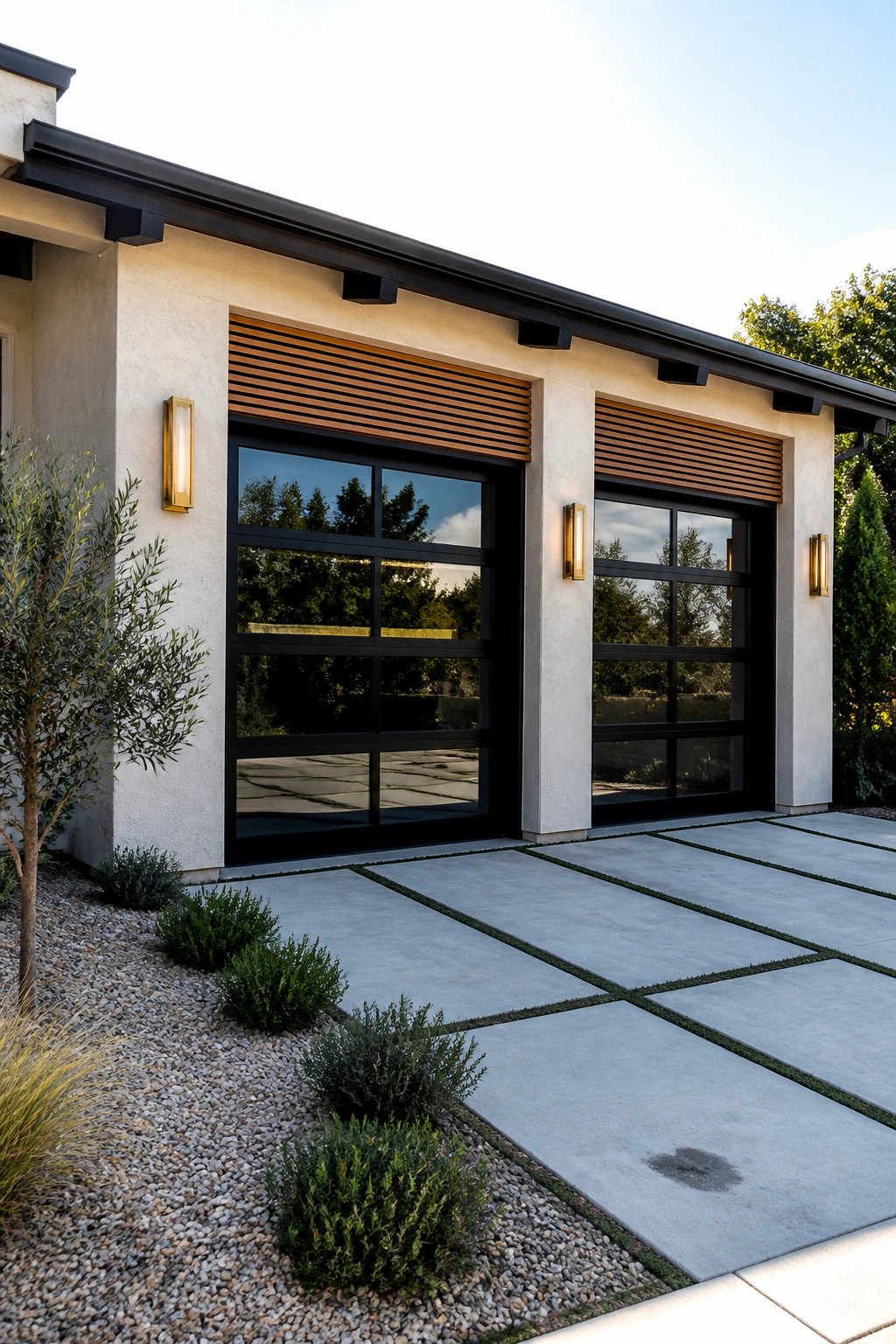 Modern house exterior with two black-framed garage doors topped by horizontal wood slats, wall sconces on either side, and gravel landscaping with shrubs in the foreground.