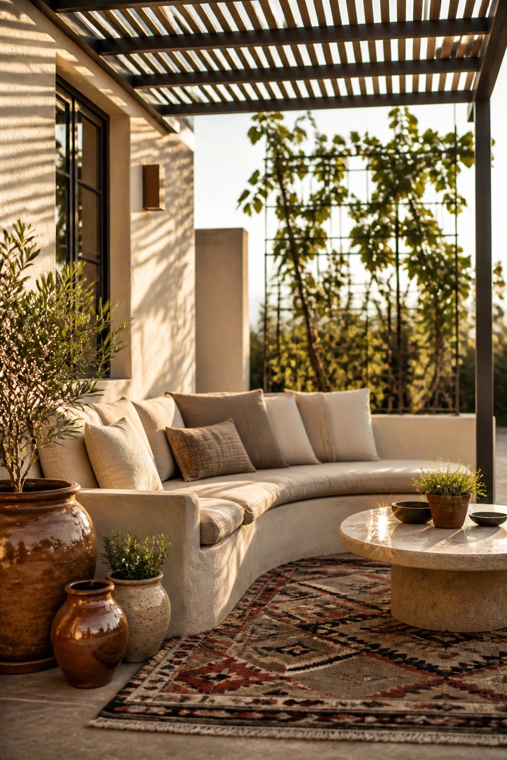 A covered outdoor patio featuring a curved sectional sofa with neutral cushions, a round stone coffee table, a patterned rug, and several potted plants beneath a wooden slatted pergola.