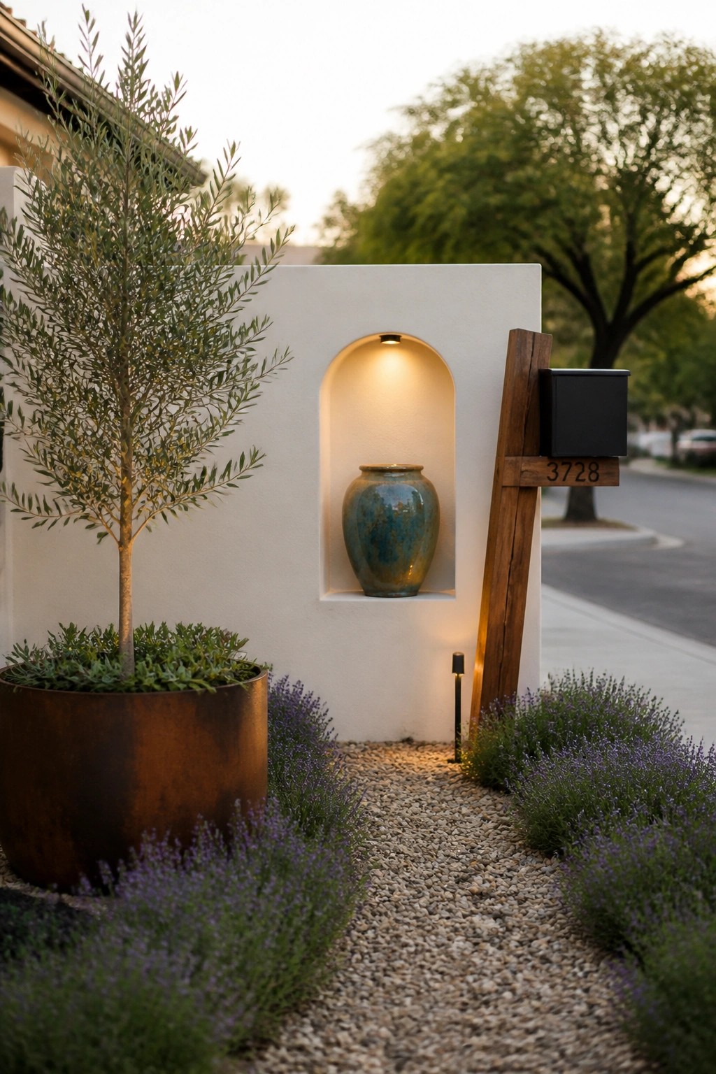 Modern entrance with potted olive tree, lit blue vase niche, mailbox, and lavender gravel path.