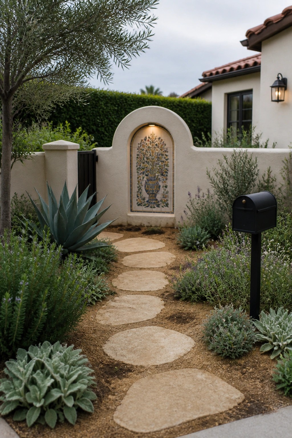 A winding path of irregular beige stepping stones leads through a Mediterranean garden to a decorative tiled niche set in a stucco wall, with a black mailbox on a post to the right.