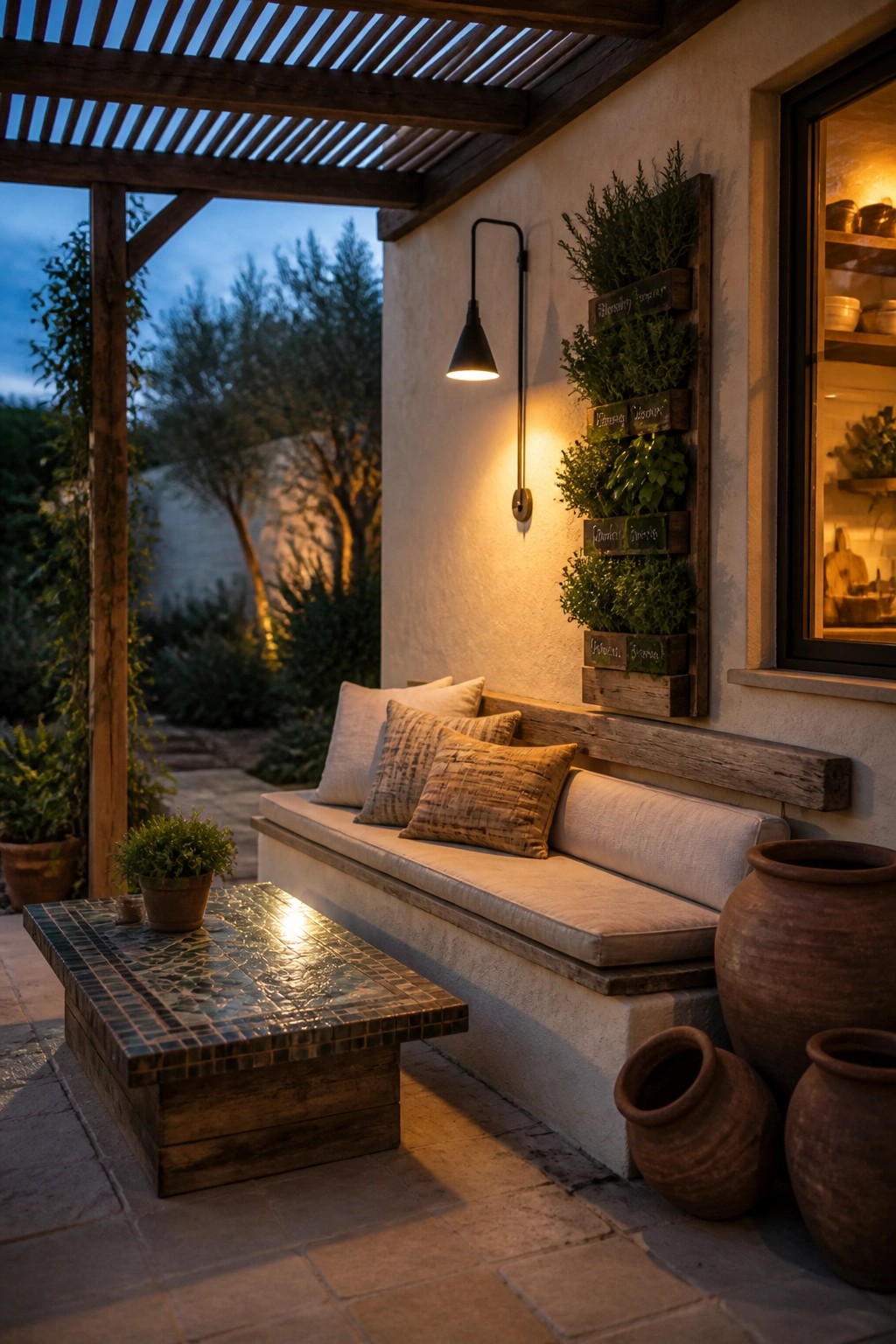Cozy patio with cushioned bench, mosaic table, vertical herb garden, and clay pots at dusk
