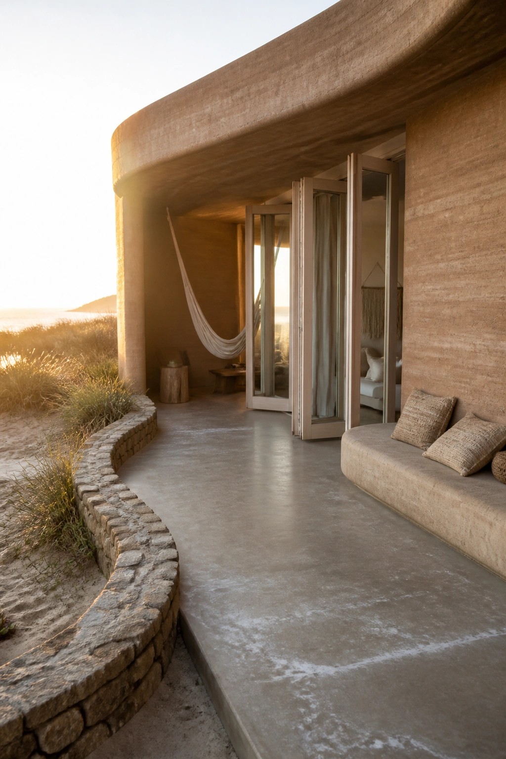 Curved rammed earth wall with integrated concrete bench seating on a patio, large open doors showing a hammock inside and ocean view in the background.