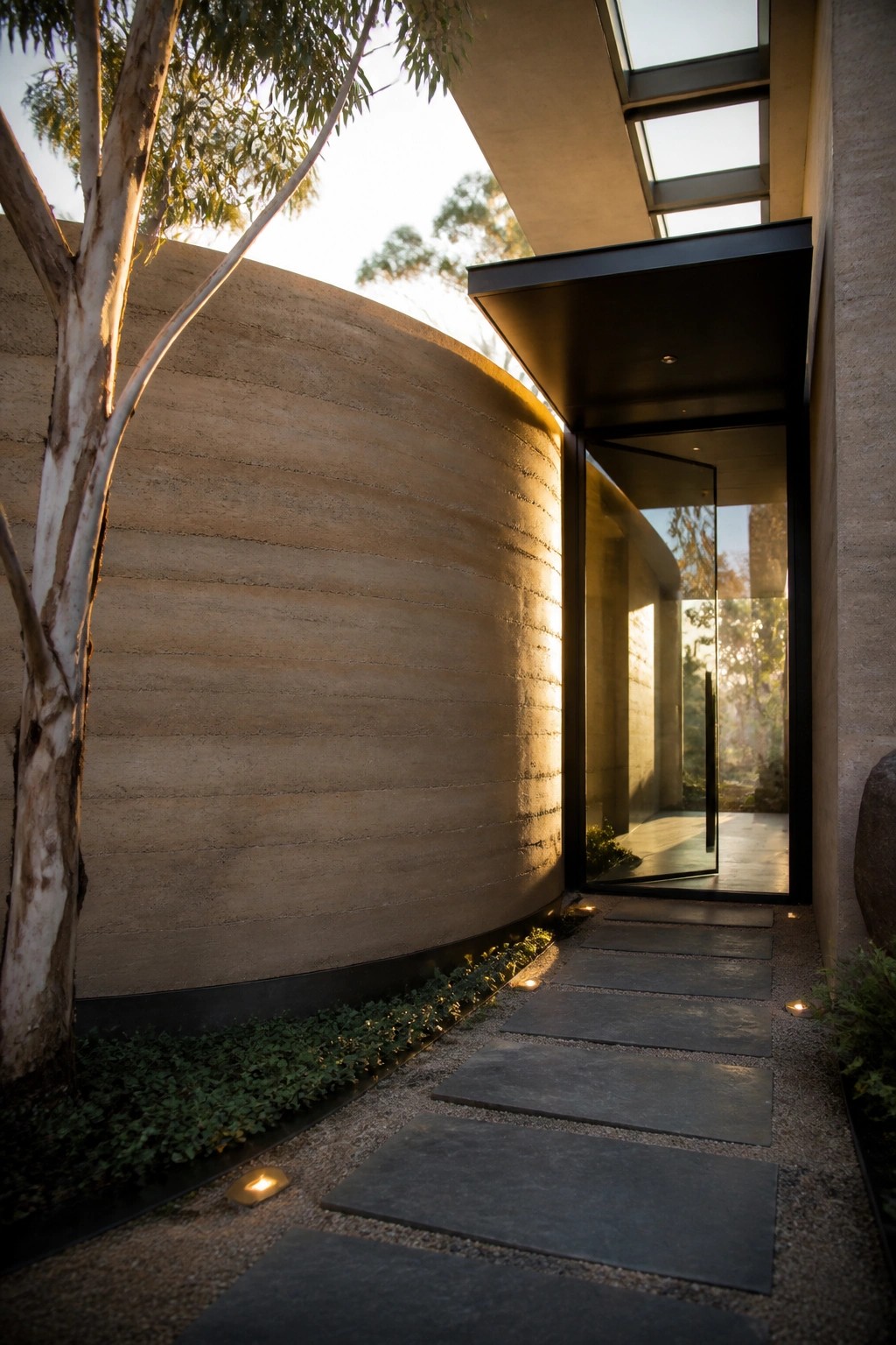 A curved rammed earth wall runs beside a stone paver path that leads to an open glass door on a modern concrete home.