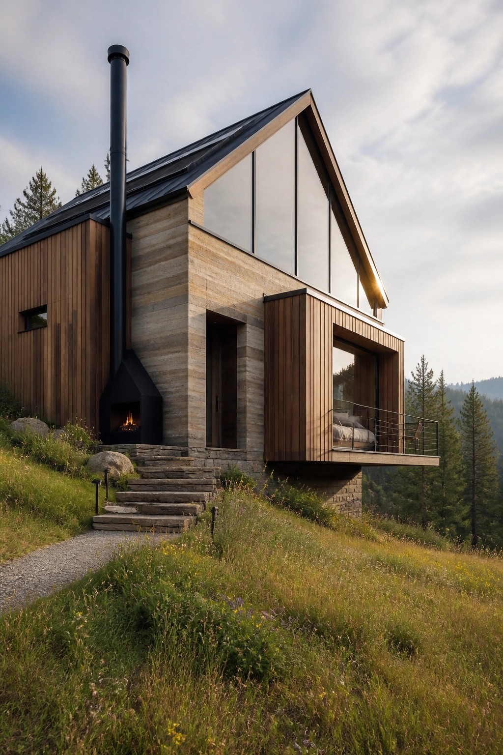 A modern house exterior featuring rammed earth walls mixed with vertical wood siding, a black metal roof, a cantilevered section with large windows, and a stone staircase leading to the entry on a grassy hillside.