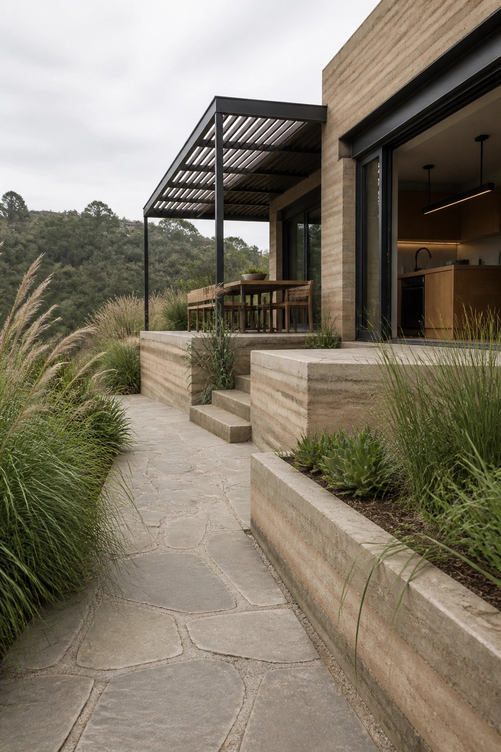 A modern home exterior shows a raised concrete patio with a black metal pergola covering a wooden dining table, accessed by stone steps from a flagstone path lined with grasses.