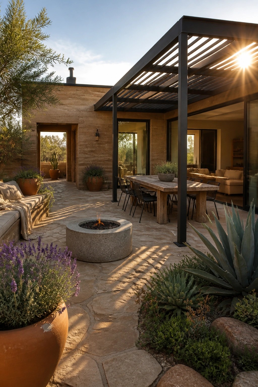 A rammed earth house exterior with a stone patio, wooden dining table under a black metal pergola, concrete fire pit, and surrounding plants including agave and lavender in terracotta pots.