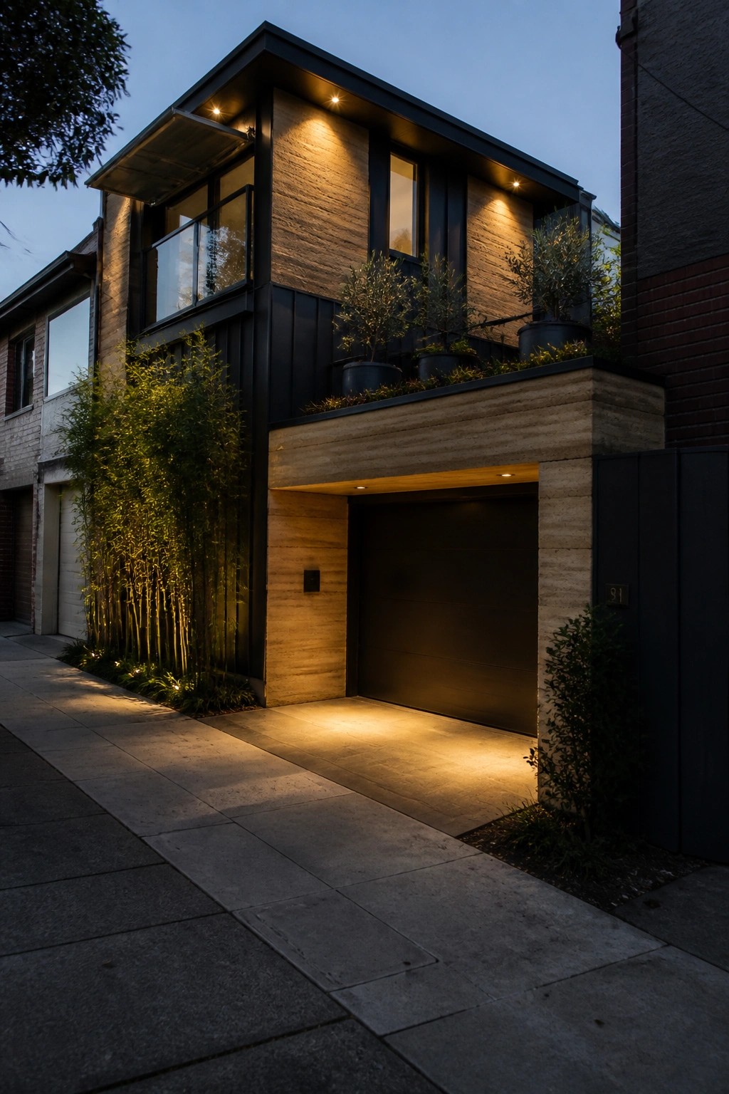 A modern two-story house exterior at dusk featuring rammed earth walls, a dark garage door, and integrated lighting with potted plants on the upper level.