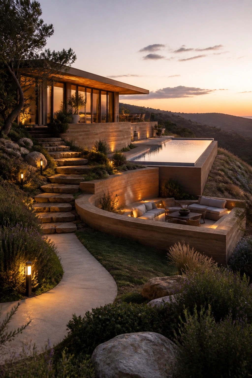 Modern rammed earth home with infinity pool and curved built-in seating on a hillside at sunset.