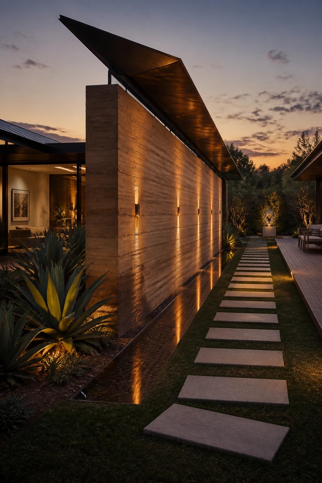 A long rammed earth wall with vertical lights runs beside a stone pathway and narrow water feature at dusk on a modern home exterior.