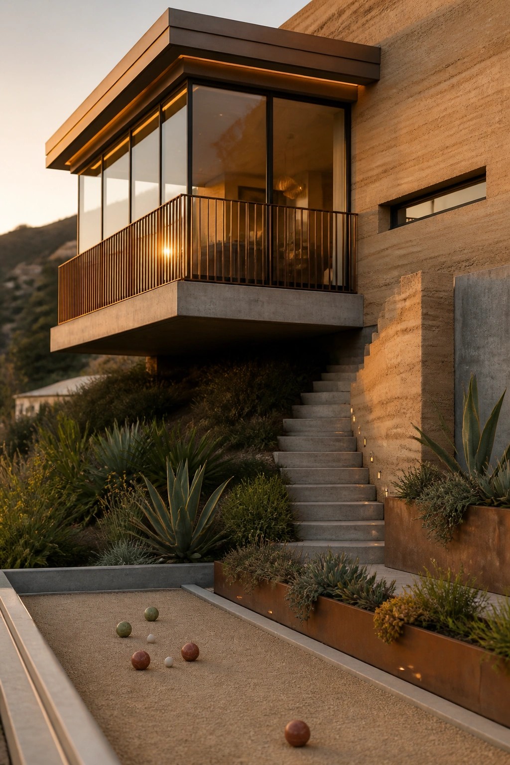 A modern rammed earth house with a cantilevered balcony, concrete stairs, and a sand bocce court in the foreground.