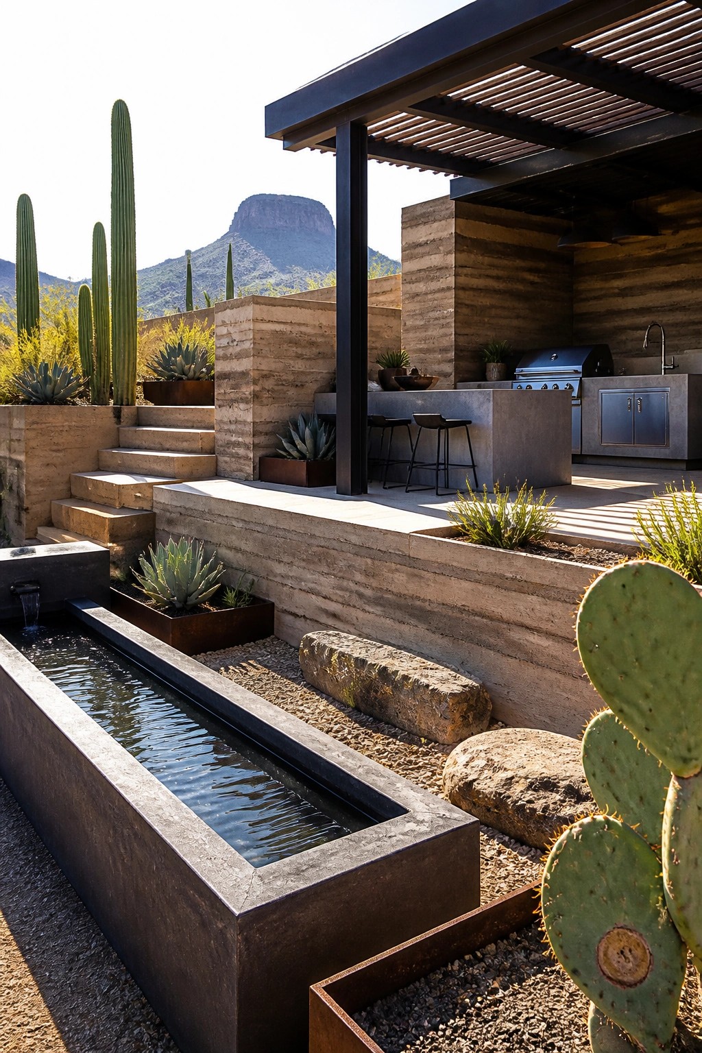An outdoor kitchen with rammed earth walls, concrete bar counter and stools, built-in grill, and desert plants around a linear water feature.