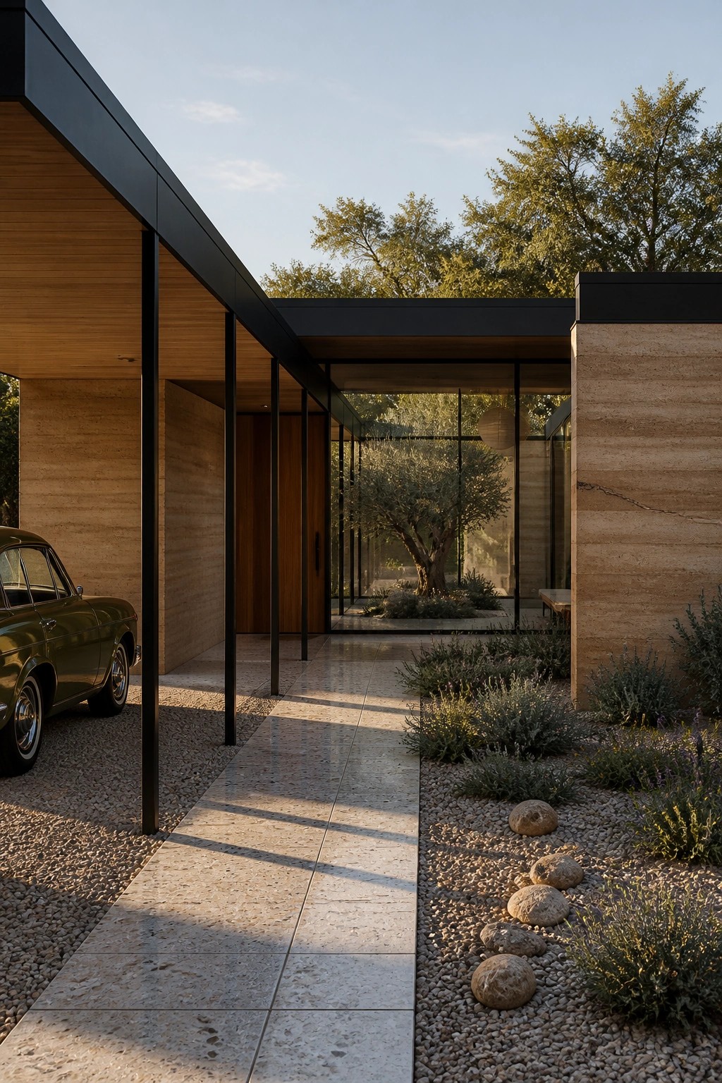 Modern single-story home exterior with rammed earth walls, black metal framing, large glass doors, a paved walkway, gravel landscaping, and a vintage green car parked under the carport.