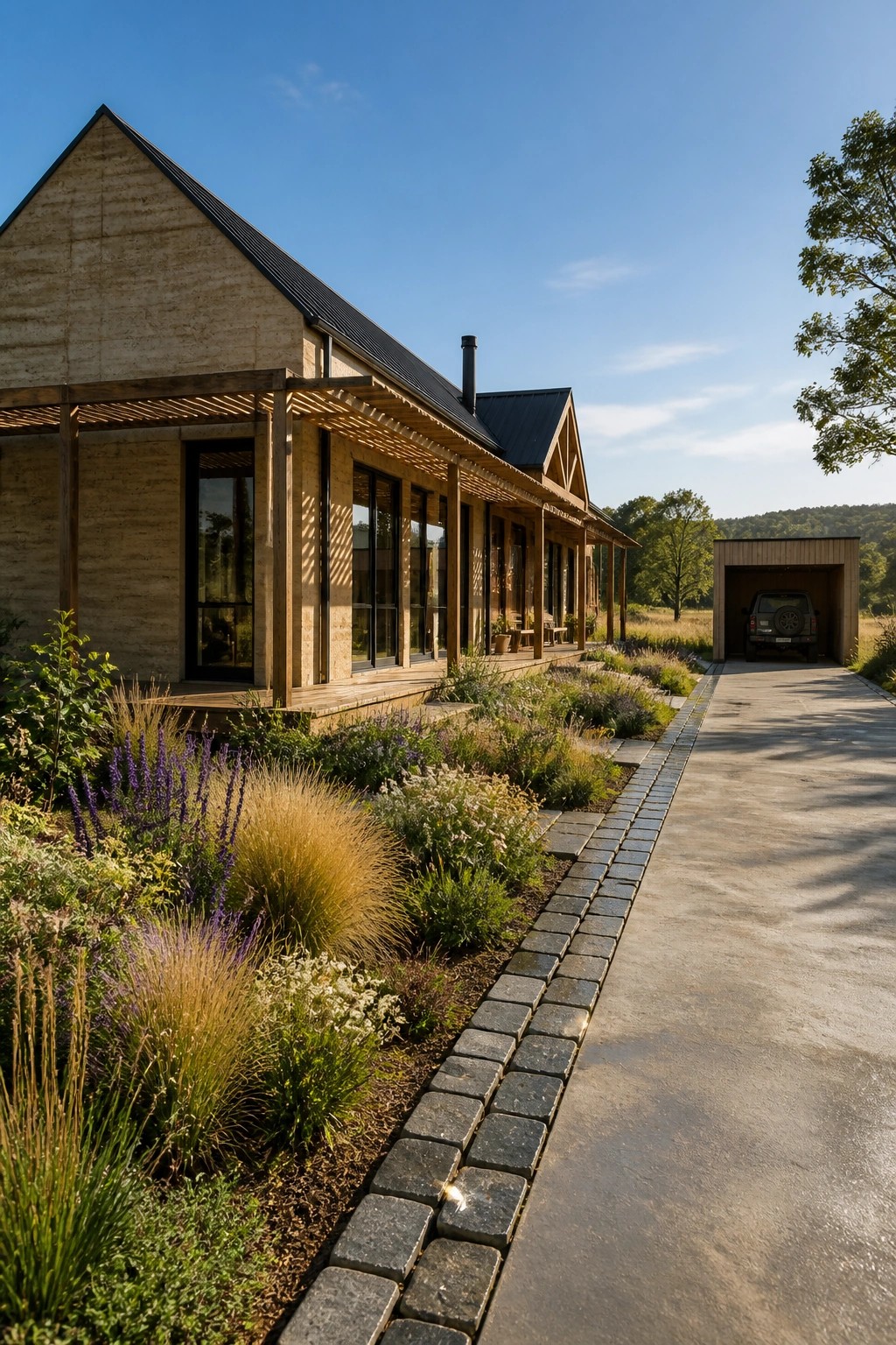 A modern single-story house with rammed earth walls, wood framing, a metal roof, and a long covered porch beside a concrete driveway and landscaped garden.