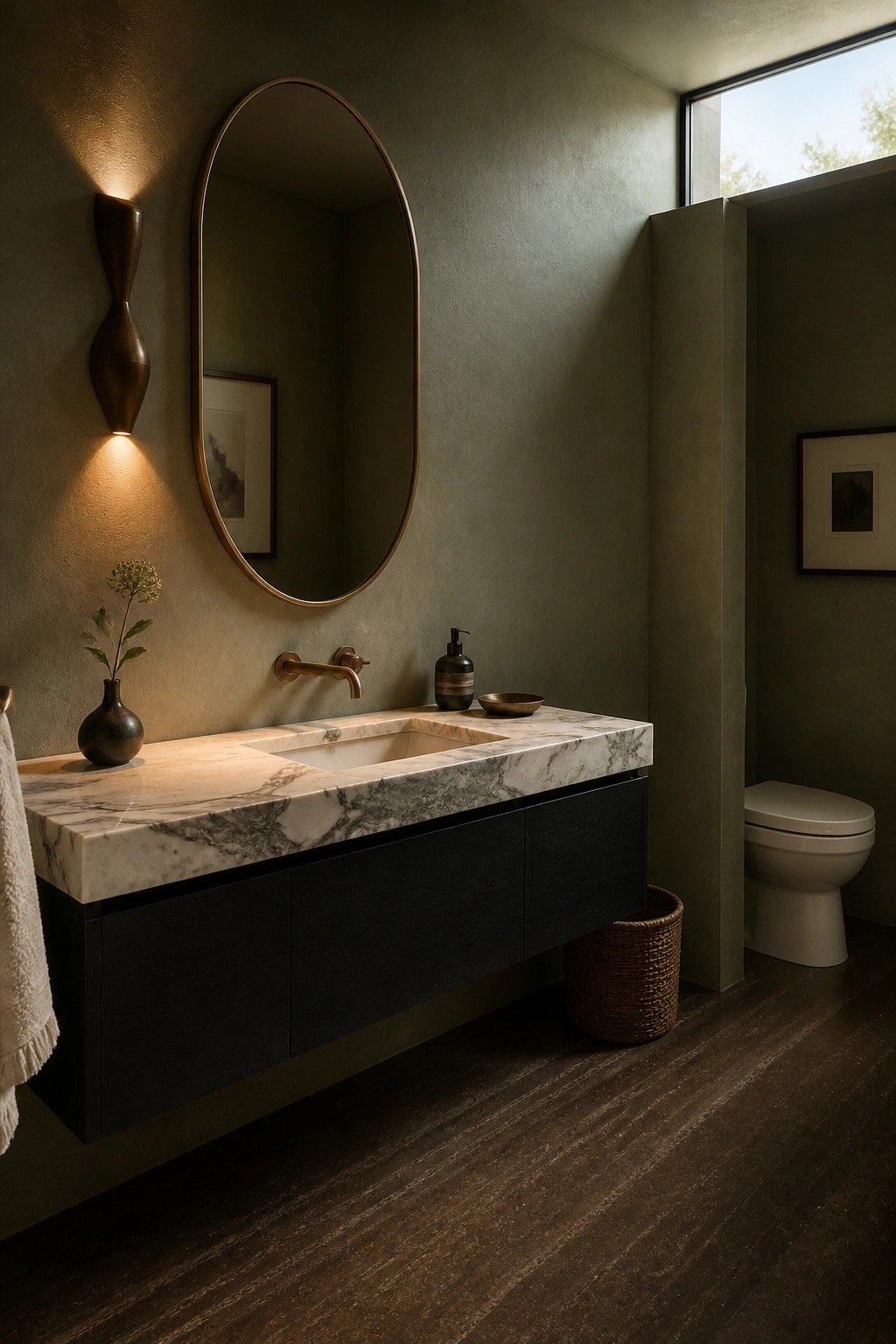 A bathroom with dark wood plank flooring, a floating black vanity topped with marble, an oval mirror, and a white toilet visible in the background.