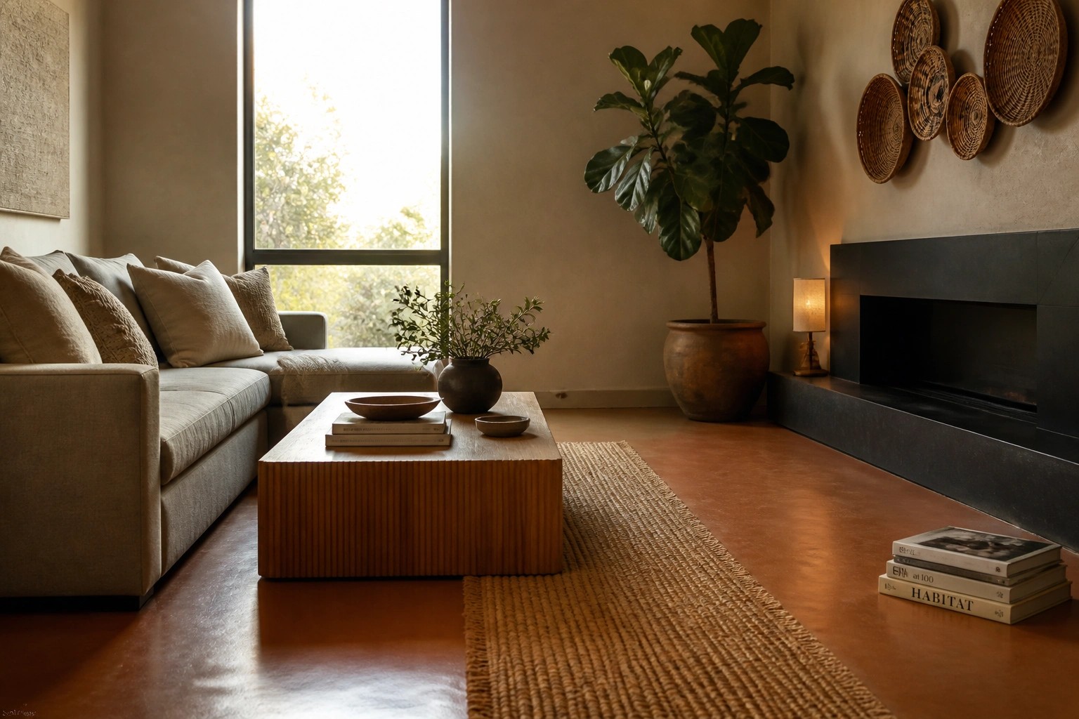 A living room interior featuring a gray sectional sofa, round wooden coffee table, and reddish-brown rammed earth floor with woven wall baskets and a large window.